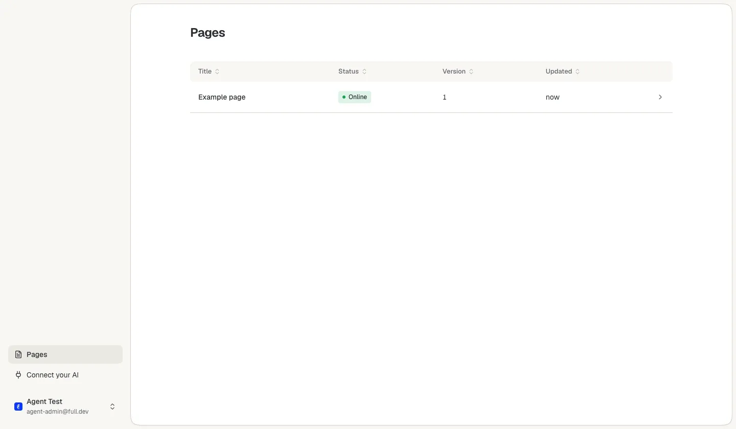 Het dashboard van Fulldev Pages